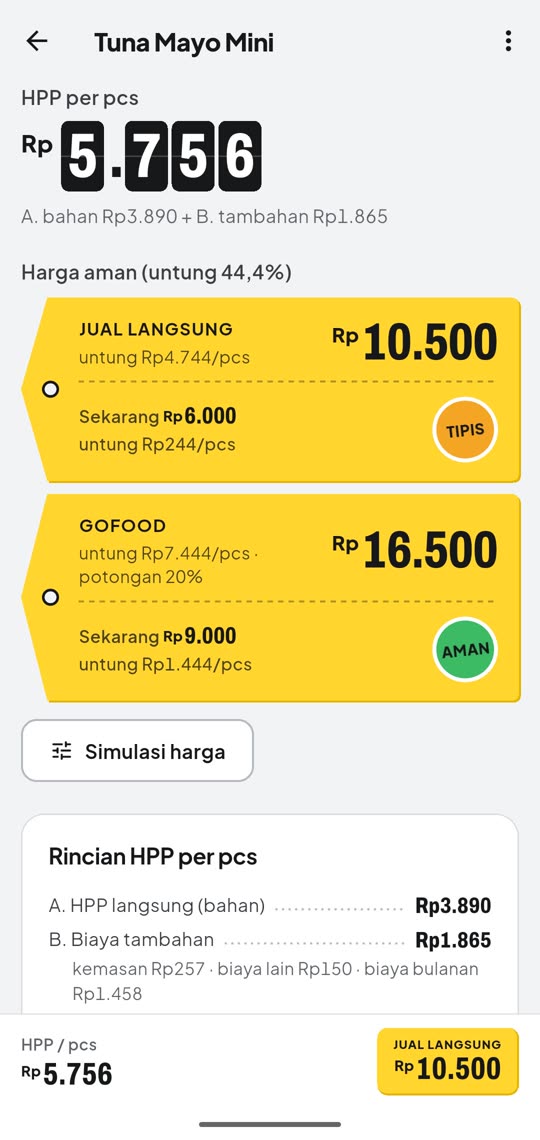 HPPin: HPP per pcs dan harga aman untuk jual langsung dan GoFood, dengan stiker TIPIS dan AMAN