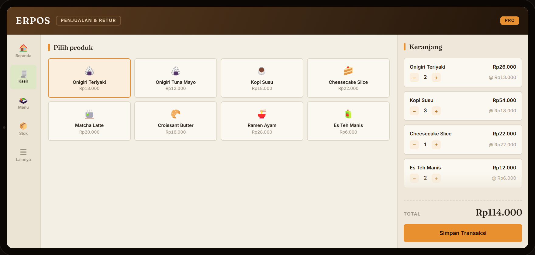 ERPOS di tablet: layar kasir dua panel, produk di kiri, keranjang dan total di kanan