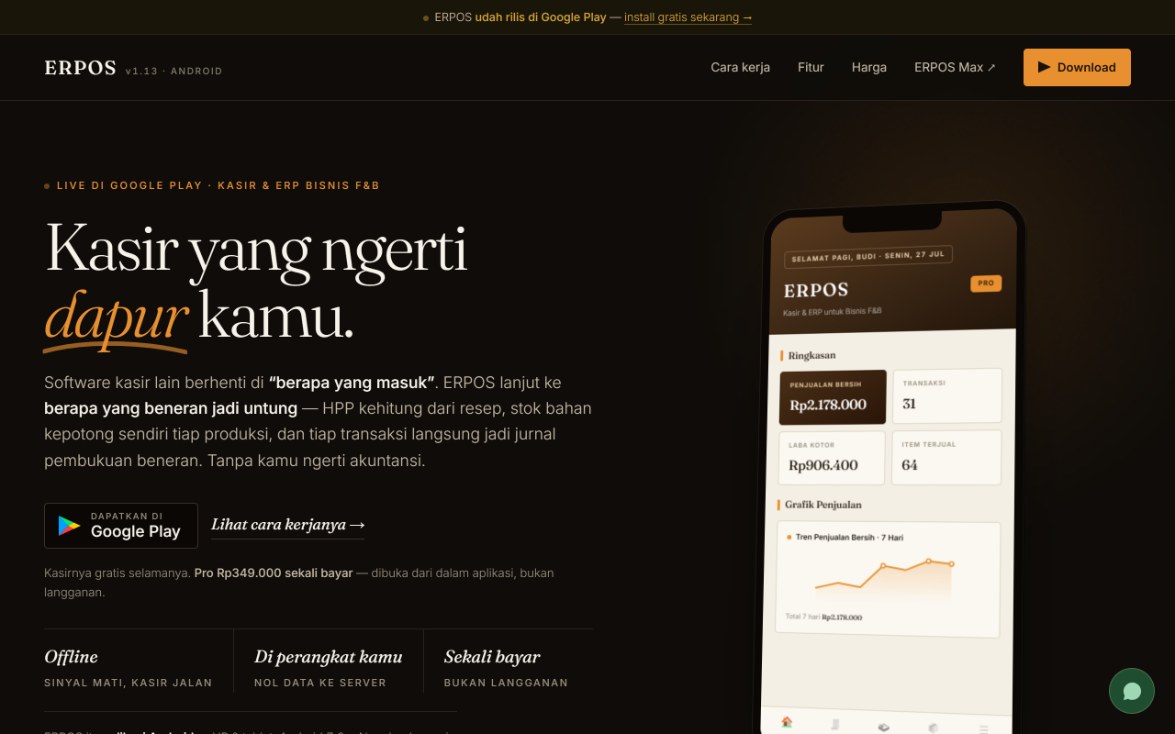 Halaman ERPOS, hero gelap dengan headline Kasir yang ngerti dapur kamu