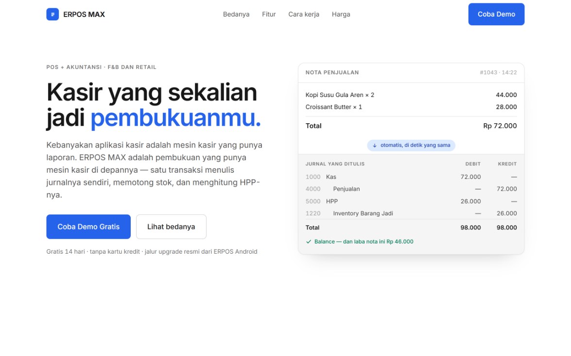 Halaman ERPOS MAX dengan demo terbuka