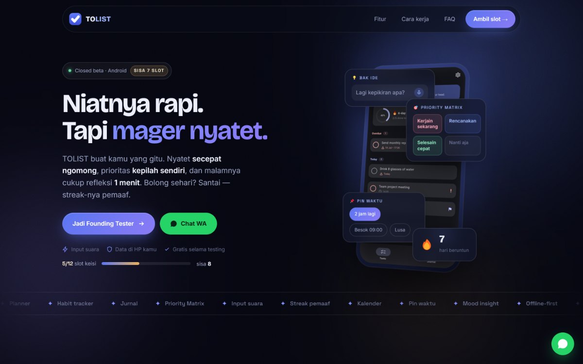 Landing page TOLIST